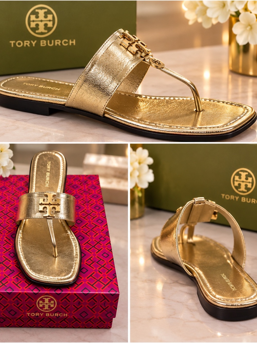 Tory Burch Metallic Gold Miller Thong Slide Sandals